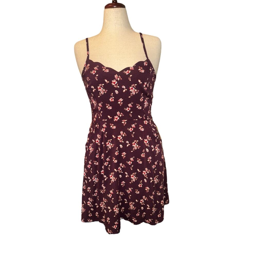 41 Hawthorn burgundy floral scalloped hem skater dress size M